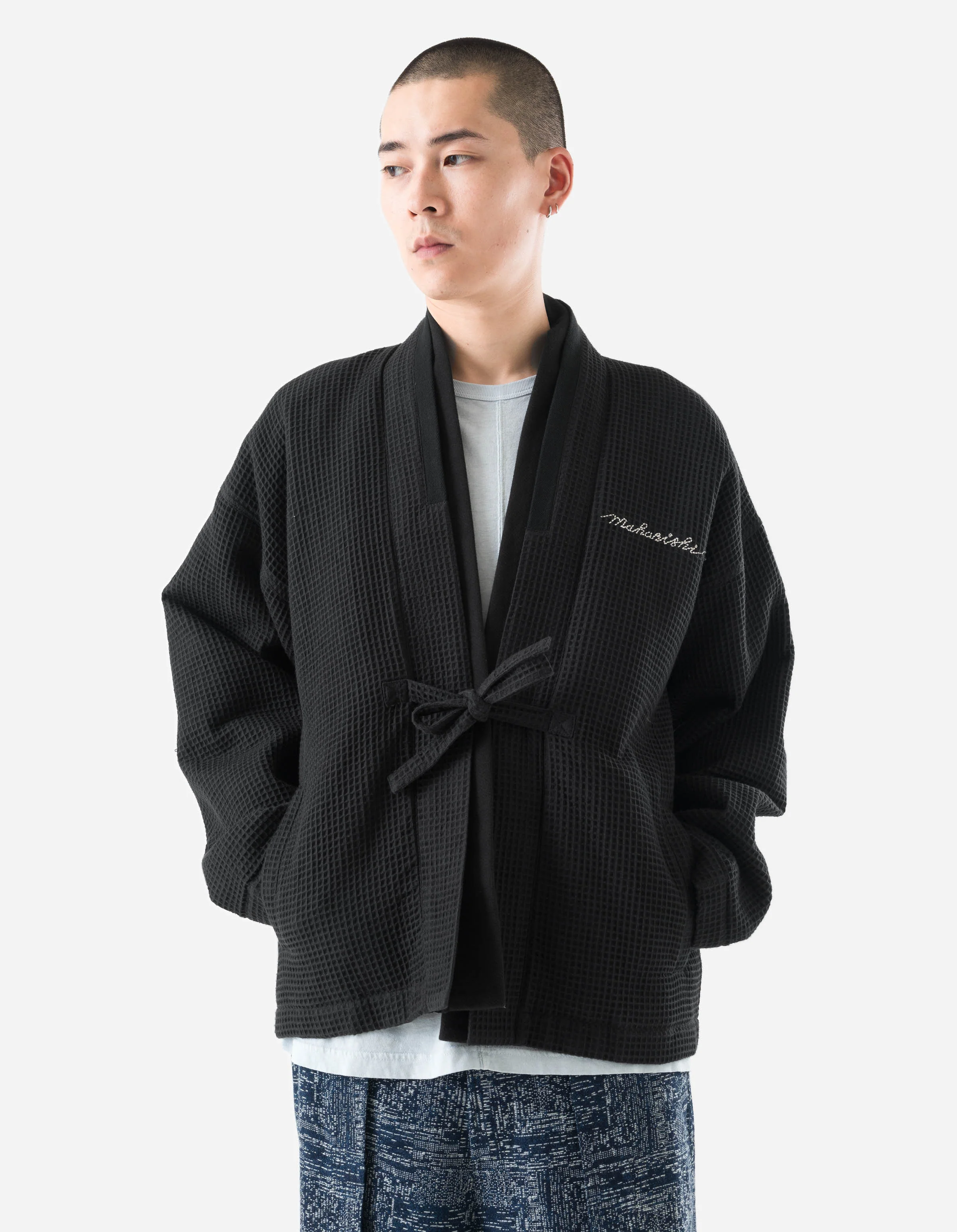 6241 Embroidered Waffle Kimono Overshirt Black - Image 5